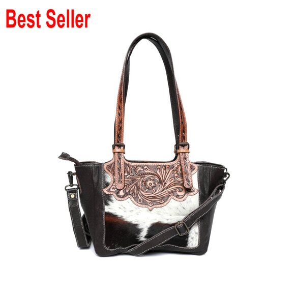 Handtooled Cowhide Hairon Leather Tote Crossbody Bag Adjustable Strap